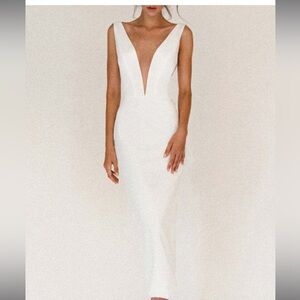 White sheer V neck slit in back dress